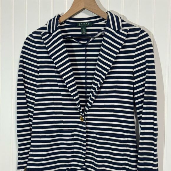 Lauren Ralph Lauren Blazer S Navy Stripe Knit Jacket Gold Button Nautical Preppy - Picture 2 of 8